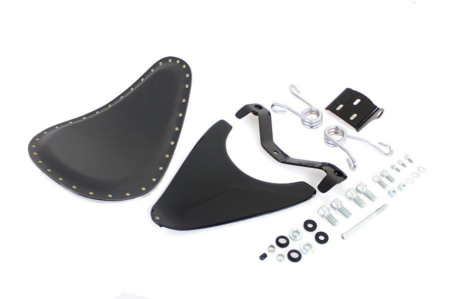 Bates Spring Mount Bates Bobber Solo Seat Kit with seat and saddlebag for motorcycle, featuring a sleek, vintage design.