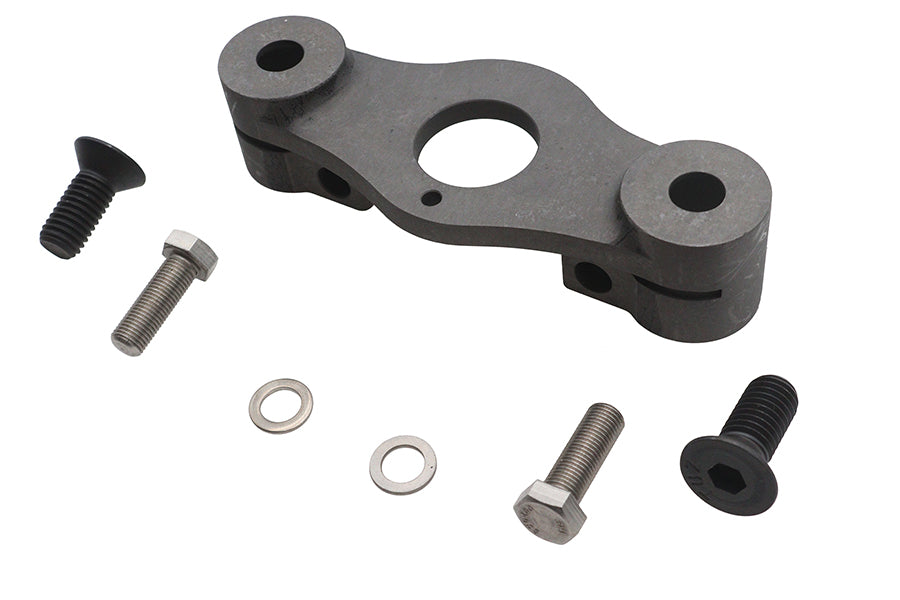 V-TWIN Spring Fork Top Tree Inline for front fork, shown in black with mounting hardware, used for motorcycle front suspension.