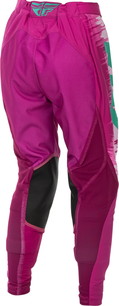 Fly Racing women's Lite pants in pink and turquoise, size 0/02, featuring lightweight, sporty design and comfortable fit.
