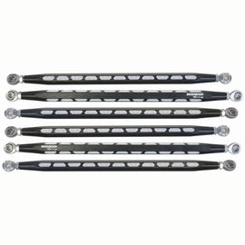MODQUAD rear radius rods in black for suspension, featuring a recut design, shown installed on a vehicle chassis.