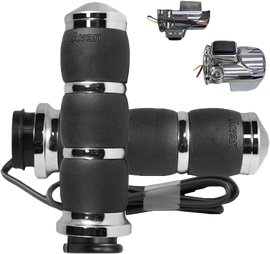 AVON Velvet Air heated chrome twist grip handlebar grip for motorcycles, featuring a sleek chrome finish and ergonomic design.