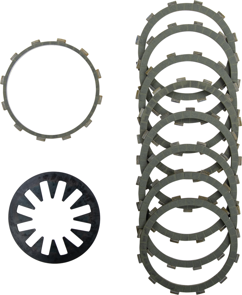 HARDDRIVE Aramid clutch friction set with HD diaphragm spring, showing the clutch components and spring in a close-up view.