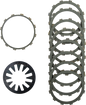 HARDDRIVE Aramid clutch friction set with HD diaphragm spring, showing the clutch components and spring in a close-up view.