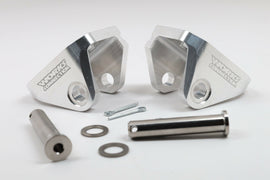 WORKS YZF250/450 motorcycle footpeg mounts, durable brackets for Yamaha off-road bikes, shown in black metal.