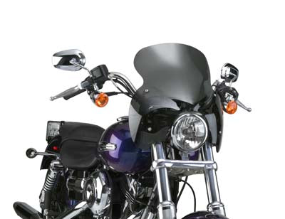 National Cycle Wave Q R Windshield with Dark Tint installed on motorcycle, with sissy bar for added comfort and style.