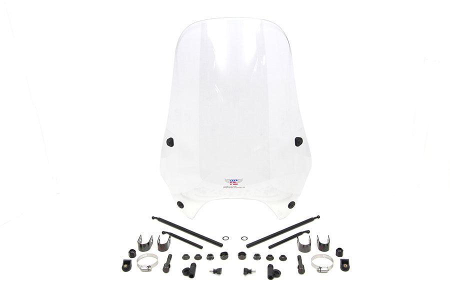 Clear windshield and sissy bar for motorcycle, National Cycle Streetshield model, with transparent windscreen and mounting hardware.