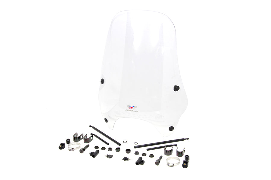 Clear windshield and sissy bar for motorcycle from National Cycle, designed to enhance ride comfort and protection.