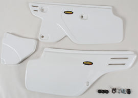 White MAIER body side panels for motorcycle, featuring sleek design and durable construction, shown on a clean background.