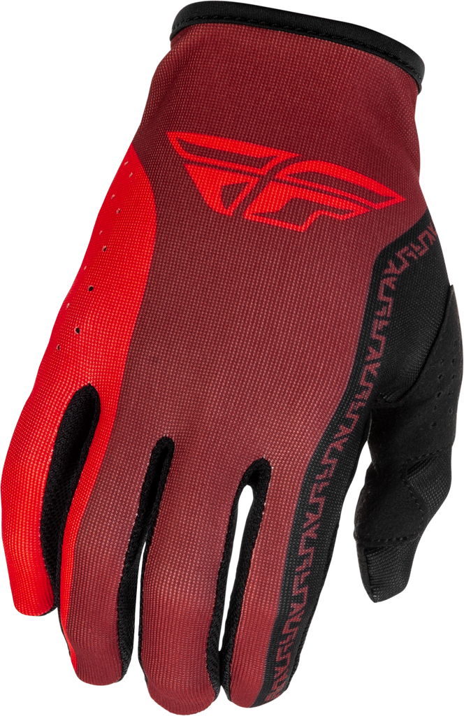 Fly Racing Youth Lite gloves in black and red, showing the padded palms and adjustable wrist straps.