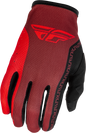 Fly Racing Youth Lite gloves in black and red, showing the padded palms and adjustable wrist straps.
