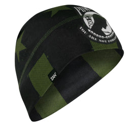 ZAN Sportflex Helmet Liner Beanie Pow Mia III headgear shown in black, designed for comfort and warmth during outdoor activities.