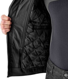 Black RST Brixton D3o jacket made of textile material, shown on a hanger with front and side views.