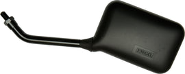 Black EMGO True Vision left motorcycle mirror with universal fit, featuring a sleek, rounded mirror surface and sturdy mounting arm.