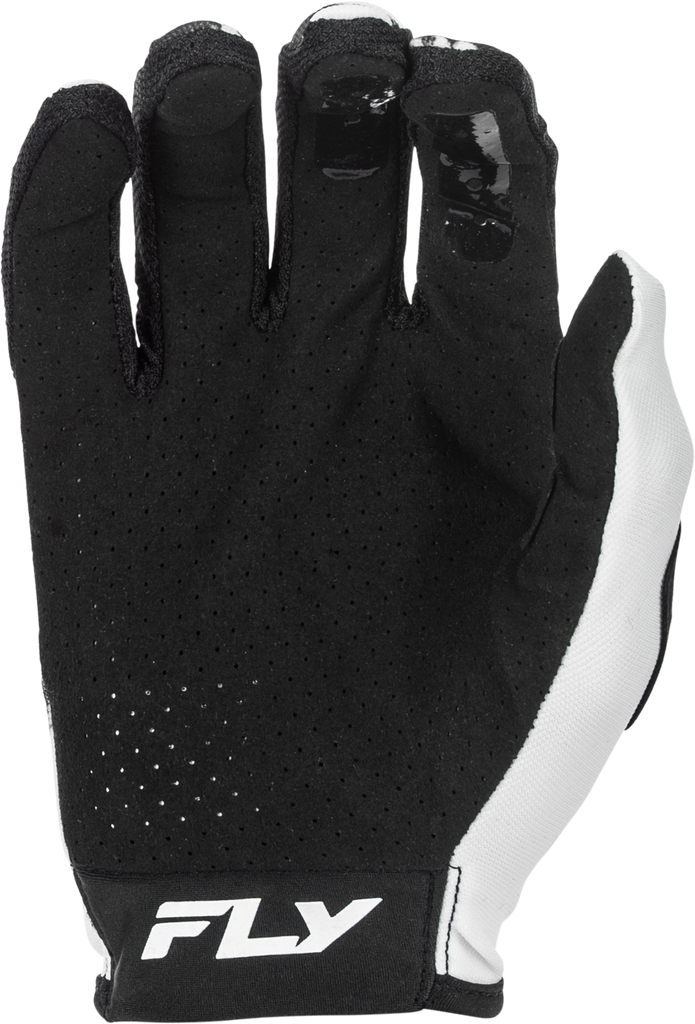 Fly Racing Lite Warp gloves in white, blue, and pink with padded palms and breathable mesh for motorcycle riding comfort.