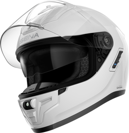 Glossy white SENA Phantom FF Mesh motorcycle helmet in XL size, featuring a sleek design and aerodynamic construction.