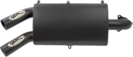 SLP Performance Slip-On Muffler for Polaris RZR off-road vehicle, showcasing the sleek exhaust design and branding.