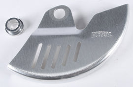 DEVOL rear disc guard for bike, showing the protective metal shield with mounting brackets and branding on the surface.