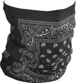 ZAN Motley Tube fleece-lined black paisley headgear, soft and warm tube scarf for cold weather, featuring a stylish paisley pattern.