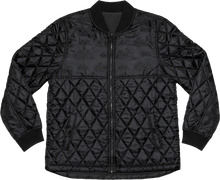 Load image into Gallery viewer, Black DBK liner jacket in large size displayed on a hanger, showcasing its sleek design and smooth fabric.