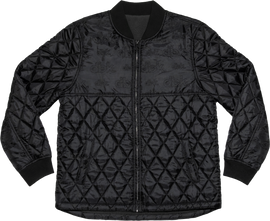 Black DBK liner jacket in large size displayed on a hanger, showcasing its sleek design and smooth fabric.