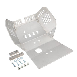 DEVOL skid plate guard for bikes, durable metal protection with black finish, designed to shield undercarriage from impacts.