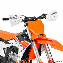 Load image into Gallery viewer, White ZETA Xc Pro Convert handguard mounted on a motorcycle handlebar, showcasing durable design and protective features.