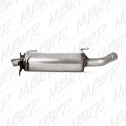 MBRP Performance Exhaust Standard Silencer showing the cylindrical metal muffler with branding and exhaust inlet and outlet openings.