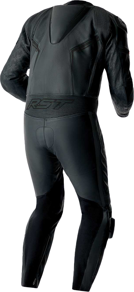Black leather RST S1 D3o motorcycle suit in XS size, featuring protective armor and sleek design for riding safety and style.