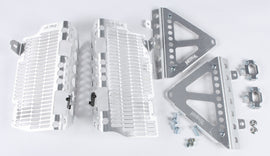 DEVOL aluminum radiator guard for motorcycle, protective metal guard with a sleek silver finish and mounting brackets.