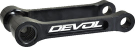 Devol suspension lowering link for bikes, showcasing the metal adjustable component with mounting holes for suspension adjustment.