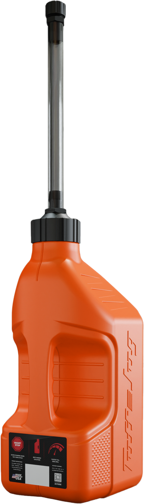 TUFF JUG 2.5-gallon orange utility container with autostop spout, durable plastic for watering or storage.