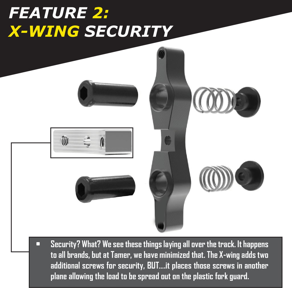 Black Tamer Double Button X Wing suspension component with dual buttons, designed for durable motorcycle or bicycle use.