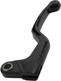 Black WORKS Elite Perch Lever for motorcycle, showcasing sleek design and ergonomic shape in a close-up view.