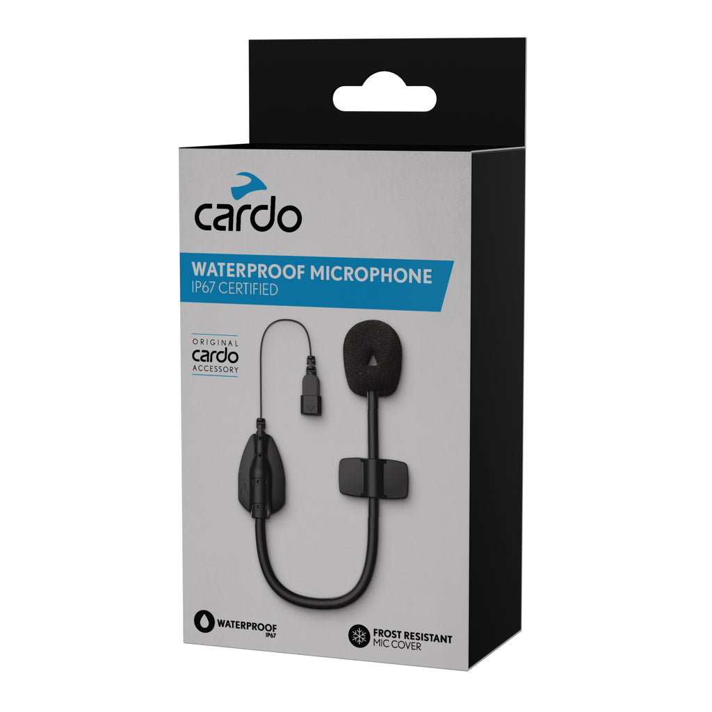 CARDO waterproof microphone for helmet communication accessories, with a compact design and durable weather-resistant build.