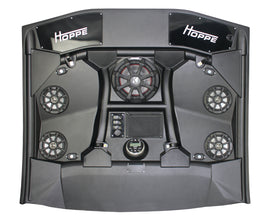 HOPPE stereo top 4 speakers with subwoofer installed in Can-Am X3 side by side vehicle for enhanced audio experience.