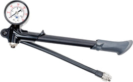 FOX dual-sided shock pump with digital gauge and dual valves, capable of up to 300psi for bicycle suspension tuning.