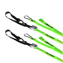 RFX 1.0 tie-down straps with soft loop and carabiner in green and black, used for secure cargo fastening.