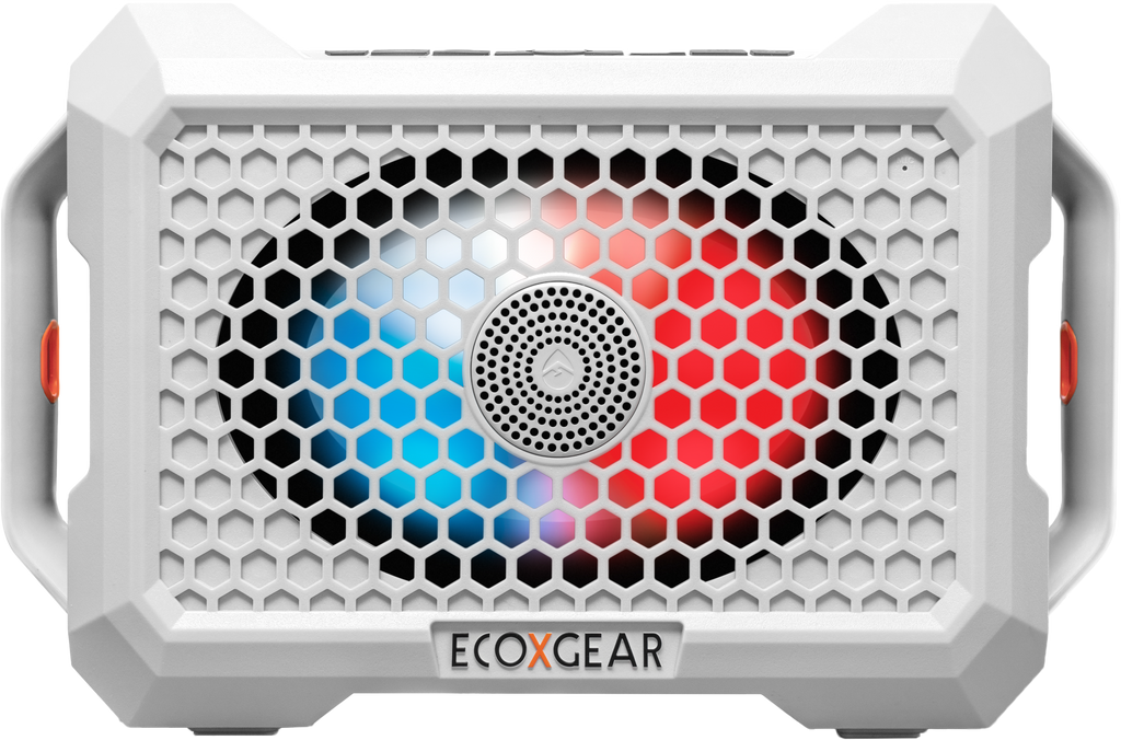 EcoXGear Defender waterproof speaker in white, rugged design for outdoor water activities, portable audio for adventure.