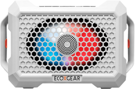 EcoXGear Defender waterproof speaker in white, rugged design for outdoor water activities, portable audio for adventure.