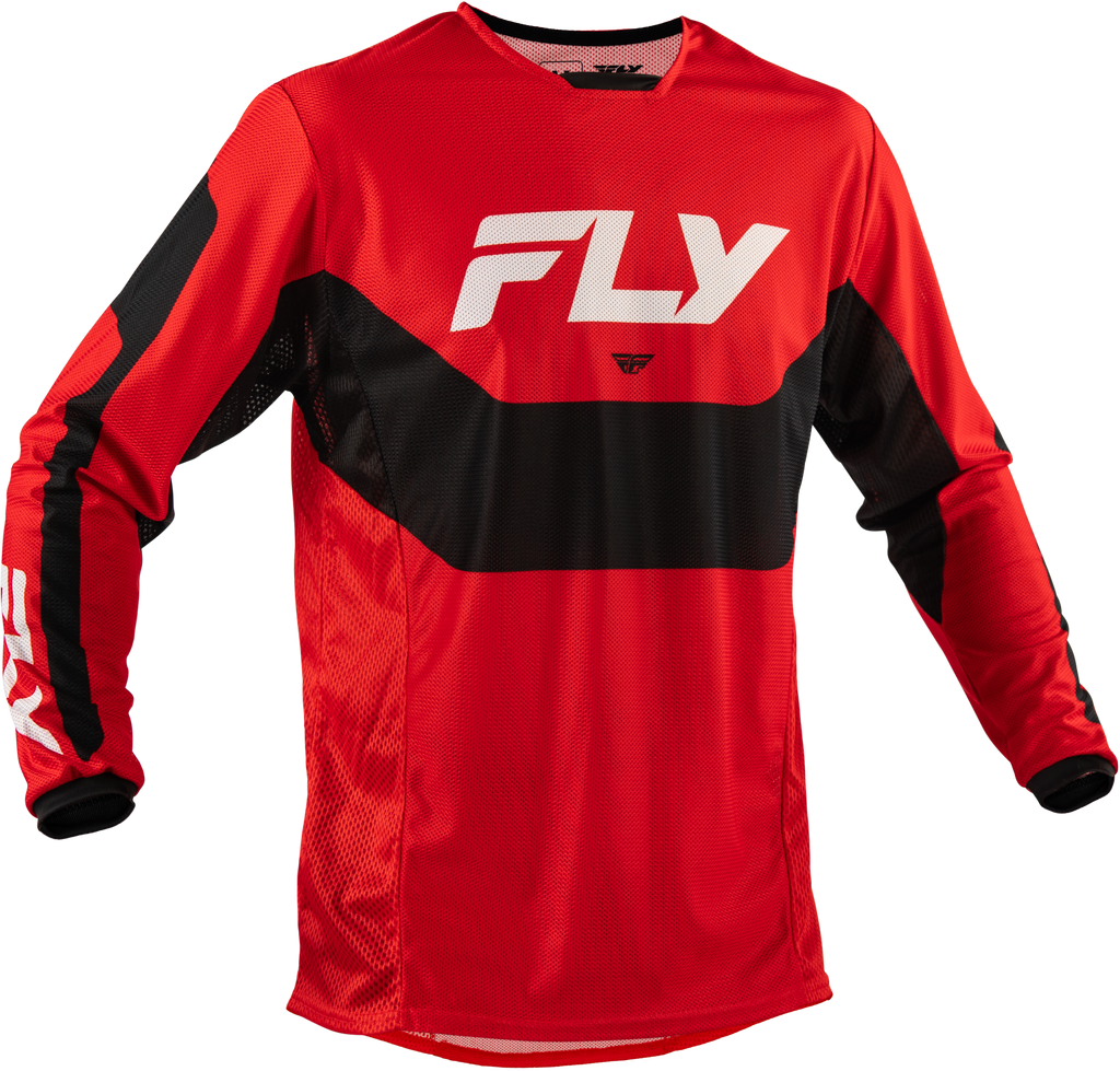 Fly Racing Kinetic Mesh Jersey in red, black, and white, with breathable mesh fabric and sporty design for motocross riding.