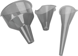 Performance Tool 3-piece clear view funnels set with 1/2 pint and 1 quart sizes, featuring transparent plastic for easy pouring and visibility.