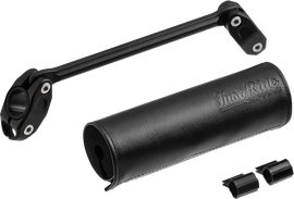 Black ZETA handlebar bar pad set with 165mm pads and 185mm brace for motorcycle handlebars, shown installed on handlebars.