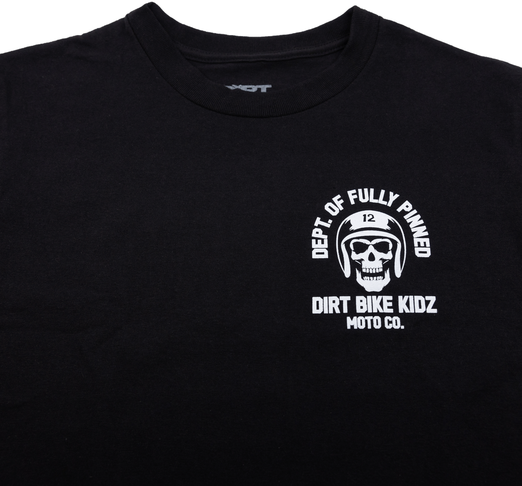 Black DBK Fully Pinned Tee shirt in medium size, featuring a modern pinned design, laid flat showing front view.