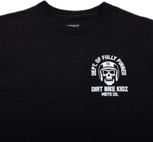 Load image into Gallery viewer, Black DBK Fully Pinned Tee shirt in medium size, featuring a modern pinned design, laid flat showing front view.