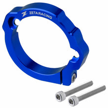 Load image into Gallery viewer, Blue ZETA exhaust flange guard, protective cover for exhaust system components, made of durable material, shown in close-up.