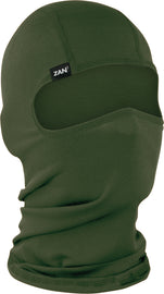 Olive drab polyester balaclava helmet accessory by ZAN, designed for outdoor or tactical use, showing snug fit and textured fabric.