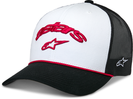 Alpinestars Agree Trucker Hat in white and black featuring adjustable mesh back and branded front panel headgear.