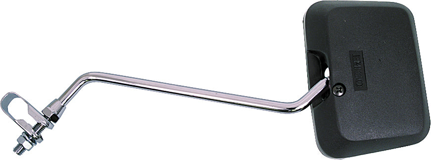 Black 10-inch EMGO square clamp-on mirror, motorcycle or bicycle mirror with sturdy mounting clamp and clear reflective surface.