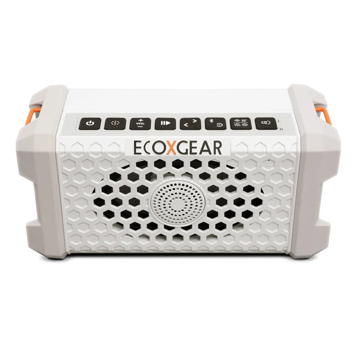 ECOXGEAR Defender Scout waterproof speaker with durable white design, outdoor-ready audio for water adventures and outdoor activities.