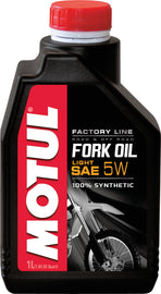 MOTUL Factory Line Fork Oil 5W in 1-liter bottle, shown in a case of 12, for motorcycle suspension maintenance.